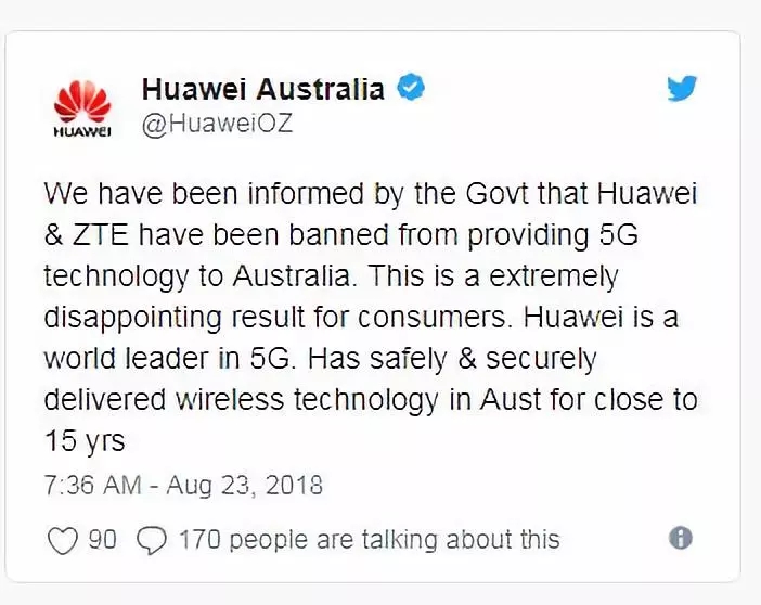 华为回应被澳大利亚禁止参与5G建设：严重违背自贸公平竞争