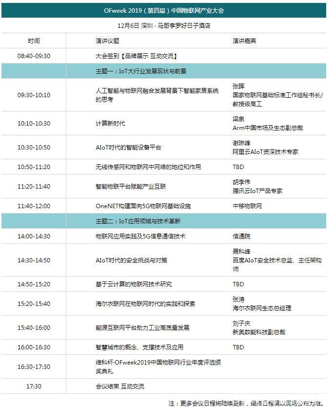 「OFweek 2019（第四届）中国物联网产业大会」首次公布日程