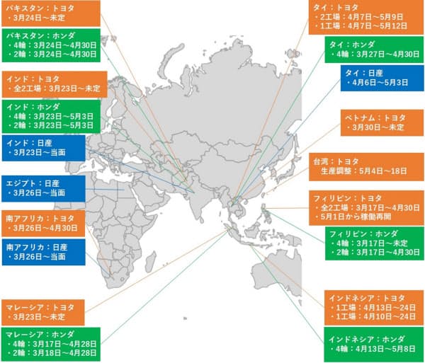 丰田/本田/日产全球工厂停工地图来了