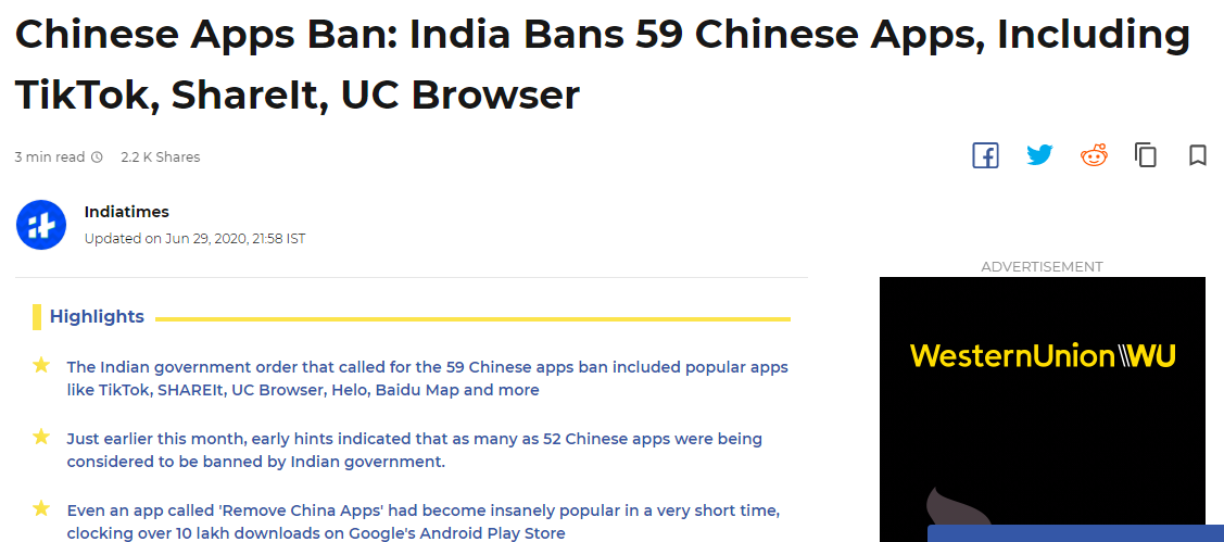 突发，印度禁止中国59款APP，抖音、微信中枪