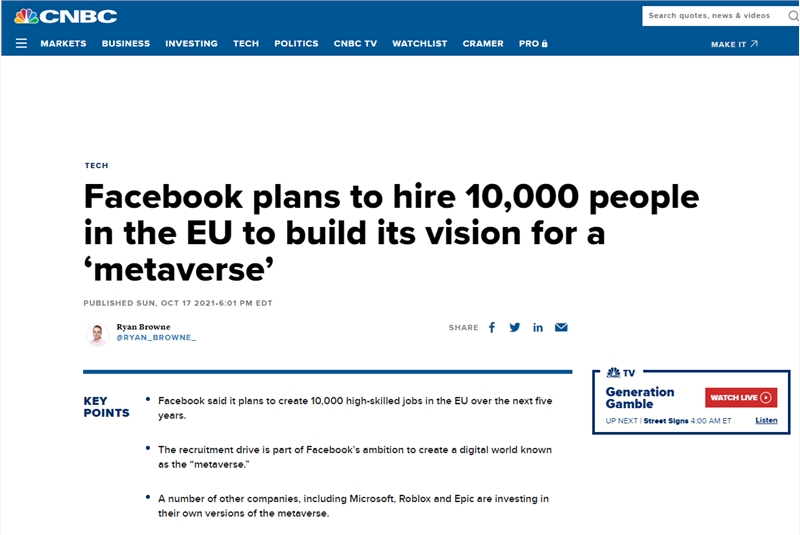 “挺进”元宇宙，Facebook欧洲大规模招聘